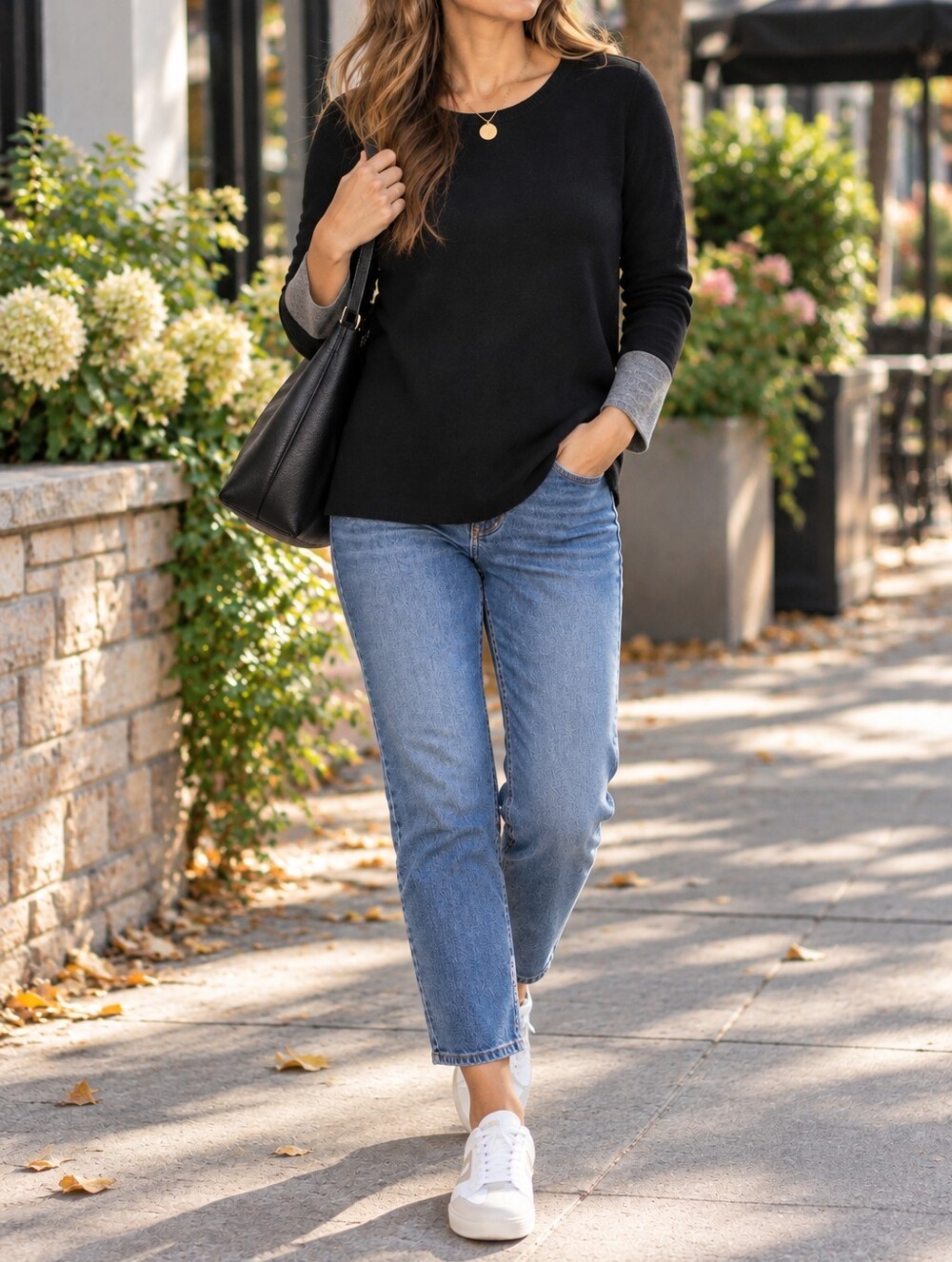 Point Zero Black Gray Contrast Crewneck Sweater Colorblock Viscose Blend Casual